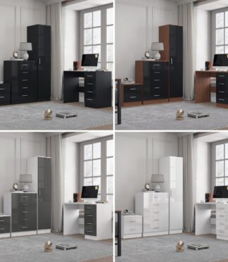 REFLECT Gloss 4pc Bedroom Set - 1 Door Wardrobe + 5 Draw Chest + Bedside + Desk