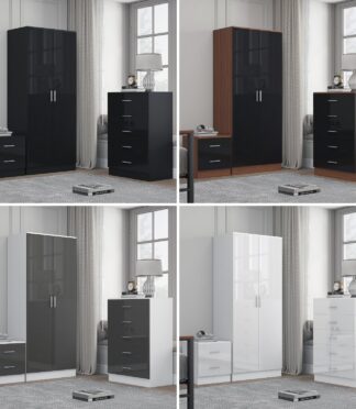 REFLECT Gloss 3pc Bedroom Set - 2 Door Wardrobe + 5 Draw Chest + Bedside