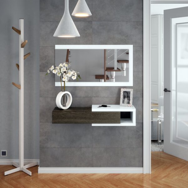 NOON White & Dark Wood Floating Hallway Storage Unit with Drawer and Mirror.