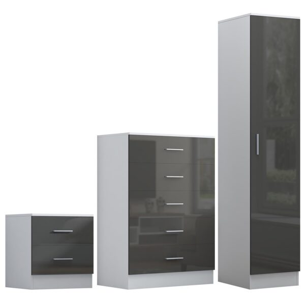 Reflect 1 Door Plain Wardrobe, 5 Drawer Chest, 2 Drawer Bedside - Grey Gloss & Matt White - Bedroom Furniture Set - Image 6