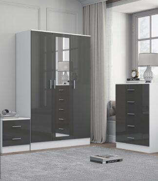 Reflect 3 Door Mirror Wardrobe, 5 Drawer Chest, 2 Drawer Bedside - Grey Gloss & Matt White - Modern Bedroom Furniture Set