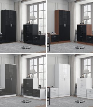 REFLECT Gloss 4pc Bedroom Set - 2 Door Wardrobe + 5 Draw Chest + 2 Bedsides