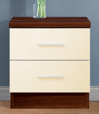 Reflect 2 Drawer Bedside - Cream Gloss & Walnut - Modern Nightstand for Bedroom Storage - H: 48.5cm x W: 45cm x D: 39.5cm