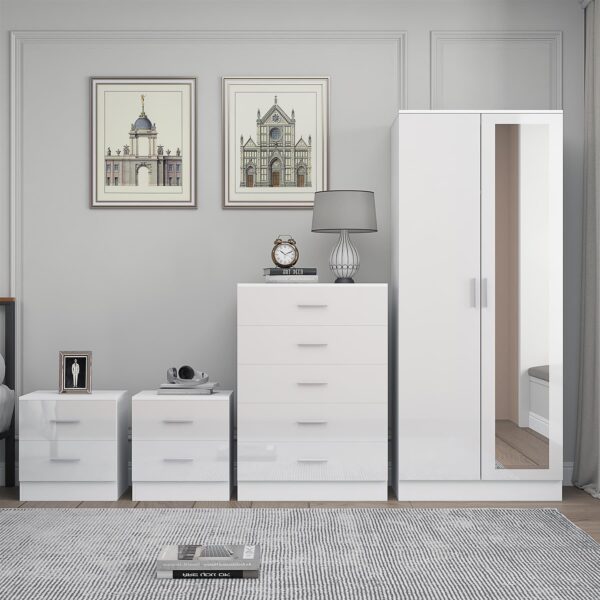 Reflect 2 Door Mirror Wardrobe, 5 Drawer Chest, 2x 2 Drawer Bedsides - White Gloss & Matt White - Modern Bedroom Furniture Set - Image 2