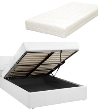 LUNA 4FT Small Double White Ottoman Storage Bed with Gas Lift Up & Memory Foam & Spring Mattress - L: 203cm x W: 138cm x H: 88.5cm