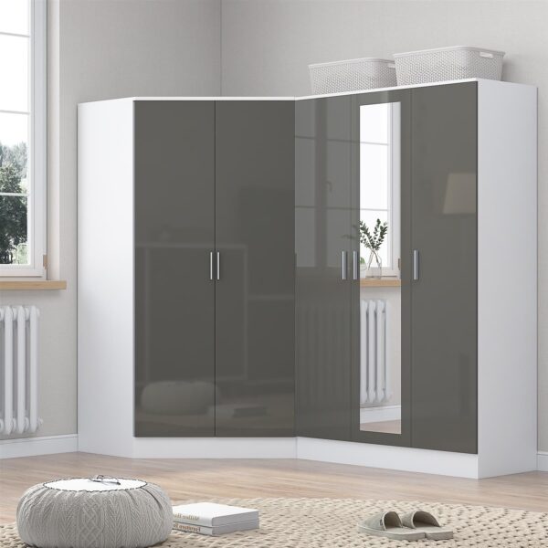 REFLECT Gloss 5 Door Wardrobe Bundle - 2 Door Corner + 3 Door Mirror Bedroom Set - Image 29