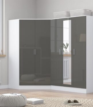 Reflect 2pc Wardrobe Bundle - 2 Door Corner + 3 Door Mirror - Grey Gloss & Matt White - H: 180cm x W: 179cm x D: 103cm