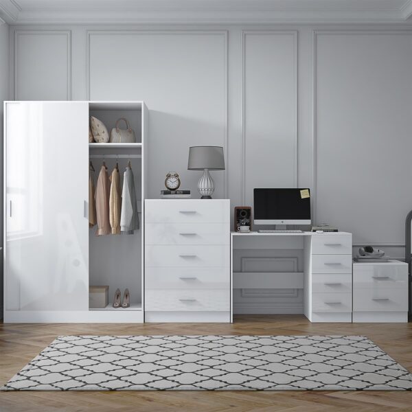 Reflect 2 Door Sliding Wardrobe, 5 Drawer Chest, 2 Drawer Bedside & Desk - White Gloss & Matt White - Modern Bedroom Furniture Set - Image 2