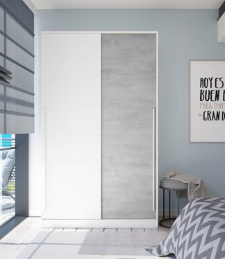 TOP 2 Door Large Modern Sliding Bedroom Wardrobe - White & Grey Finish - H: 200cm x W: 120cm x D: 50cm.