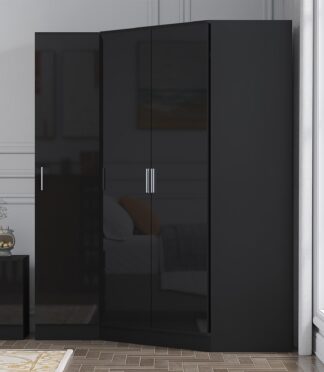 Reflect 2pc Wardrobe Bundle - 2 Door Corner + 1 Door Plain - Black Gloss & Black Oak - H: 180cm x W: 179cm x D: 103cm