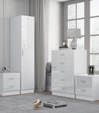 Reflect 1 Door Plain Wardrobe, 5 Drawer Chest, 2x 2 Drawer Bedsides - White Gloss & Matt White - Modern Bedroom Furniture Set
