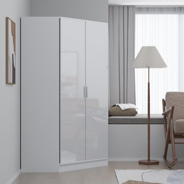 Reflect 2 Door Corner Wardrobe - White Gloss & Matt White - 2 Hanging Rails & 8 Shelves - H: 180cm x W: 103cm - Modern Design