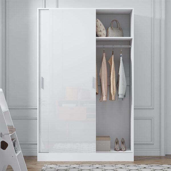 Reflect 2 Door Sliding Wardrobe - White Gloss & Matt White - Hanging Rails & Shelves - H:180cm x W:120cm x D: 58cm - Modern Design - Image 4