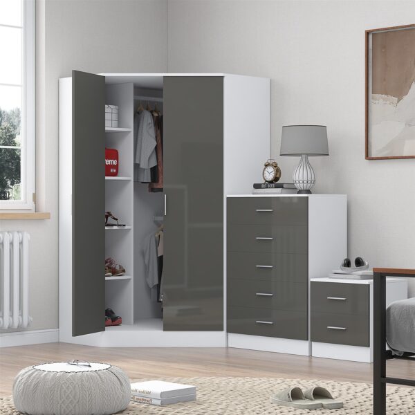 Reflect 2 Door Corner Wardrobe, 5 Drawer Chest, 2 Drawer Bedside - Grey Gloss & Matt White - Bedroom Furniture Set - Image 5