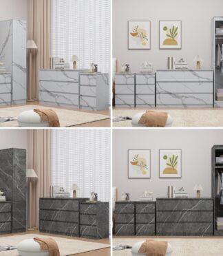 ZITA 4pc Set - 1 Door Wardrobe + Wide Chest + 2 Bedsides in White OR Grey Marble