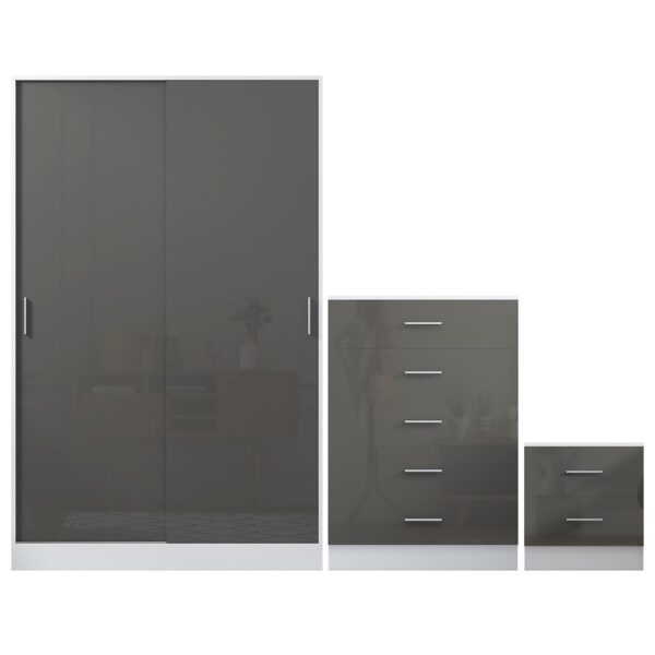 Reflect 2 Door Sliding Wardrobe, 5 Drawer Chest, 2 Drawer Bedside - Grey Gloss & Matt White - Modern Bedroom Furniture Set - Image 6