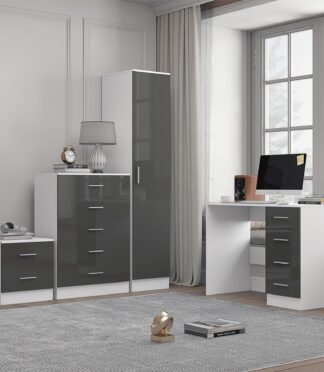 Reflect 1 Door Plain Wardrobe, 5 Drawer Chest, 2 Drawer Bedside & Desk - Grey Gloss & Matt White - Bedroom Furniture Set