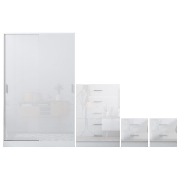 Reflect 2 Door Sliding Wardrobe, 5 Drawer Chest, 2x 2 Drawer Bedsides - White Gloss & Matt White - Modern Bedroom Furniture Set - Image 6