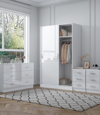 Reflect 2 Door Sliding Wardrobe, 6 Draw Wide Chest, 2x3 Drawer Bedsides - White Gloss & Matt White - Modern Bedroom Furniture Set