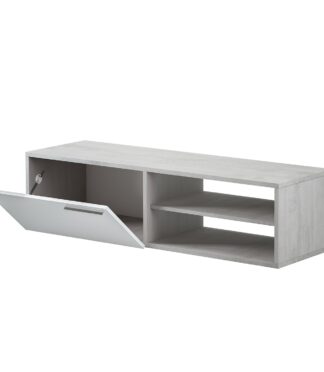 KIKUA Grey & White Modern TV Unit with 2 Doors and Open Storage- Media Stand for Living Room.