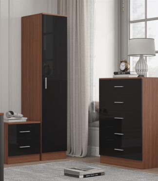 Reflect 1 Door Plain Wardrobe, 5 Drawer Chest, 2 Drawer Bedside - Black Gloss & Walnut - Bedroom Furniture Set