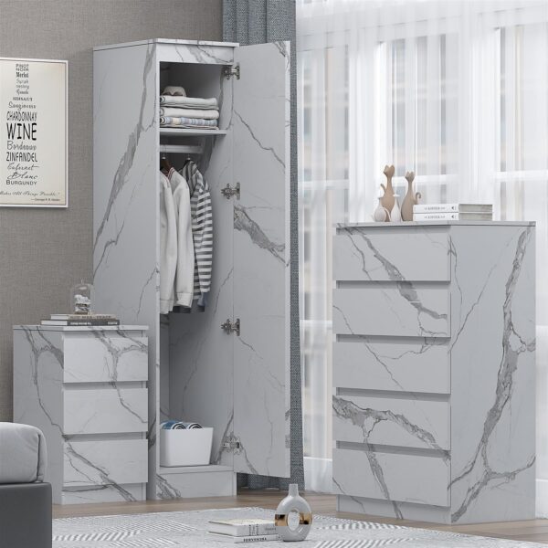 ZITA White Marble Effect 3 Piece Bedroom Set - 1-Door Wardrobe, Chest & Bedside Table, Stylish Modern Storage Furniture - Image 2