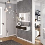 NOON White & Dark Wood Floating Hallway Storage Unit with Drawer and Mirror.