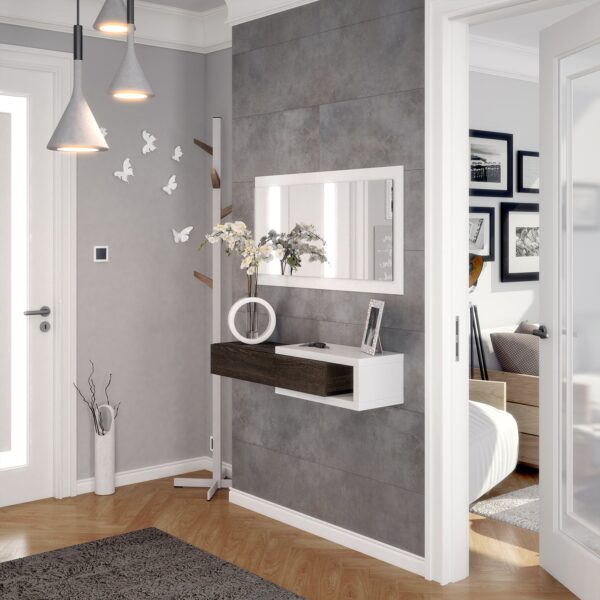 NOON White & Dark Wood Floating Hallway Storage Unit with Drawer and Mirror.