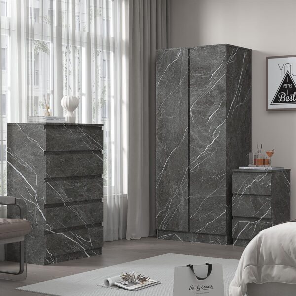 ZITA Grey Marble Effect 3 Piece Set - 2 Door Wardrobe, 5 Drawer Chest & 3 Drawer Bedside, Stylish Bedroom Storage - Image 3