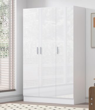 Reflect 3 Door Plain Wardrobe - White Gloss & Matt White - Hanging Rail & 4 Shelves- H: 180cm x W: 113cm x D: 47cm - Modern Design