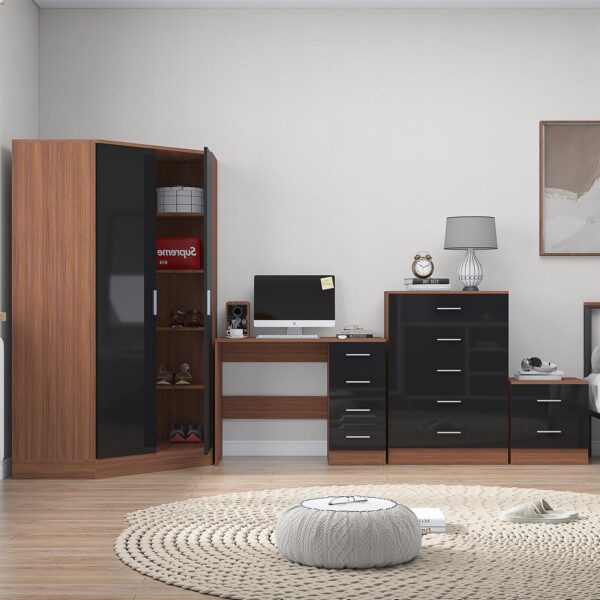 Reflect 2 Door Corner Wardrobe, 5 Drawer Chest, 2 Drawer Bedside & Desk - Black Gloss & Walnut - Bedroom Furniture Set - Image 2
