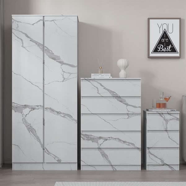 ZITA White Marble Effect 3 Piece Set - 2 Door Wardrobe, 5 Drawer Chest & 3 Drawer Bedside, Stylish Bedroom Storage - Image 4