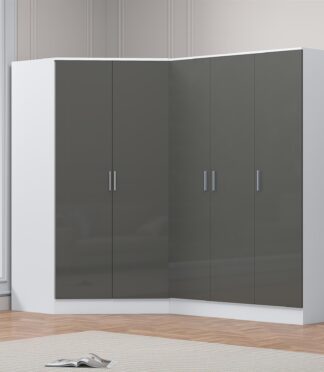 Reflect 2pc Wardrobe Bundle - 2 Door Corner + 3 Door Plain - Grey Gloss & Matt White - H: 180cm x W: 179cm x D: 103cm
