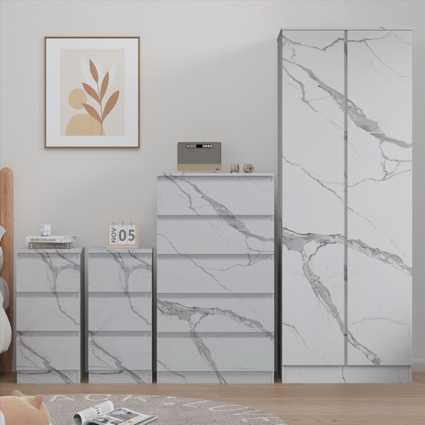 ZITA White Marble Effect 4 Piece Bedroom Set - 2 Door Wardrobe, Tall Chest & 2 Bedside Tables, Stylish Storage Solution - Image 2