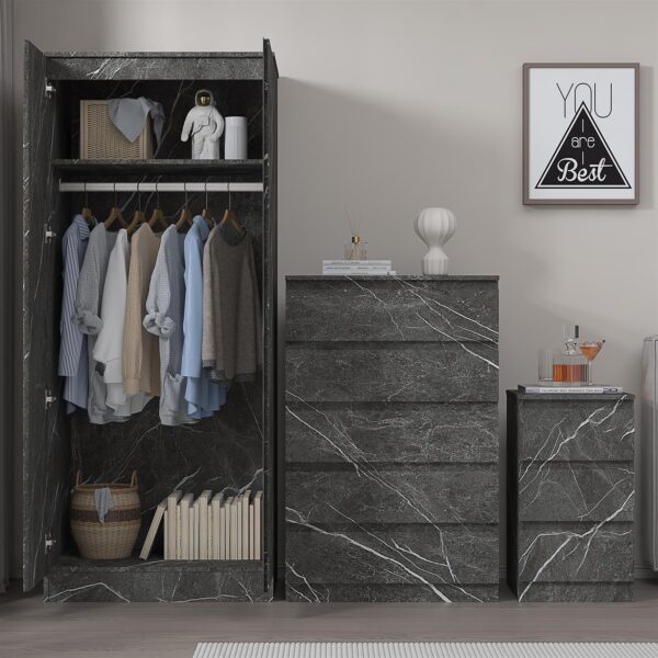 ZITA Grey Marble Effect 3 Piece Set - 2 Door Wardrobe, 5 Drawer Chest & 3 Drawer Bedside, Stylish Bedroom Storage - Image 4