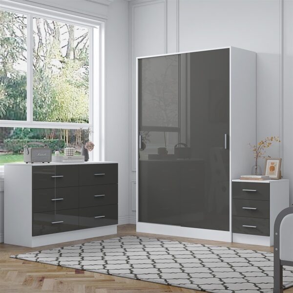 Reflect 2 Door Sliding Wardrobe, 6 Drawer Wide Chest, 3 Drawer Bedside - Grey Gloss & Matt White - Modern Bedroom Furniture Set - Image 2