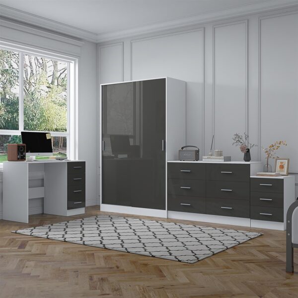 REFLECT Gloss 4pc Set - 2 Door Sliding Wardrobe + Wide Chest + Bedside + Desk.