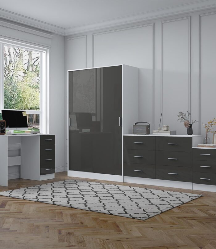 REFLECT Gloss 4pc Set - 2 Door Sliding Wardrobe + Wide Chest + Bedside + Desk.