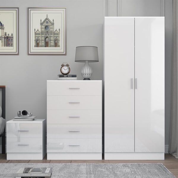 Reflect 2 Door Plain Wardrobe, 5 Drawer Chest, 2 Drawer Bedside - White Gloss & Matt White - Modern Bedroom Furniture Set - Image 4