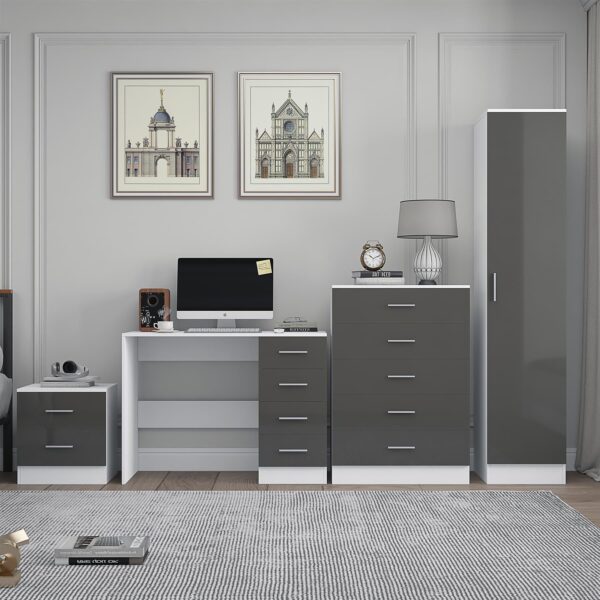Reflect 1 Door Plain Wardrobe, 5 Drawer Chest, 2 Drawer Bedside & Desk - Grey Gloss & Matt White - Bedroom Furniture Set - Image 2