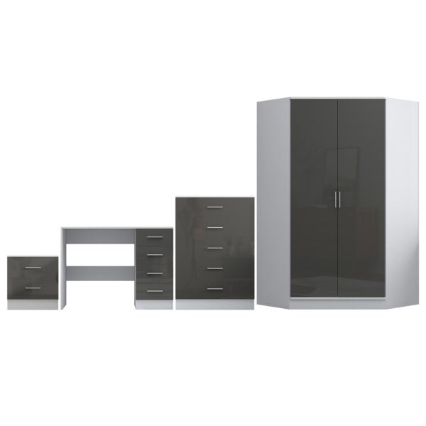 Reflect 2 Door Corner Wardrobe, 5 Drawer Chest, 2 Drawer Bedside & Desk - Grey Gloss & Matt White - Bedroom Furniture Set - Image 5