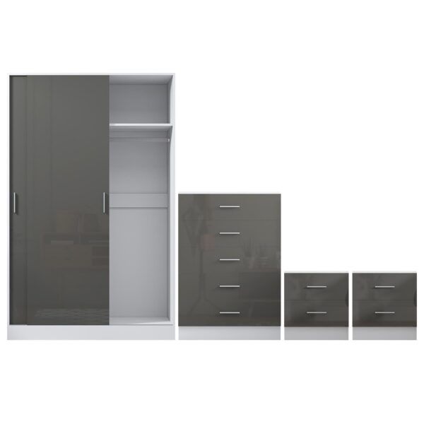 Reflect 2 Door Sliding Wardrobe, 5 Drawer Chest, 2x 2 Drawer Bedsides - Grey Gloss & Matt White - Modern Bedroom Furniture Set - Image 7