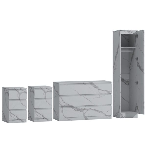 ZITA White Marble Effect 4pc Bedroom Set - 1-Door Wardrobe, Wide Chest & 2 Bedside Tables, Contemporary Bedroom Storage Solution - Image 6
