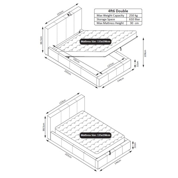 LUNA 4FT6 Double Grey Ottoman Storage Bed with Gas Lift, Faux Leather Fabric - L: 203cm x W: 153cm x H: 88.5cm - Image 5