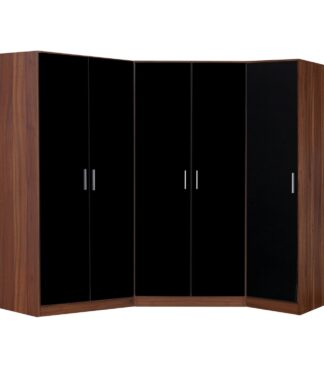 Reflect 3pc Wardrobe Bundle - 2 Door Corner + 2 Door Plain + 1 Door Plain - Black Gloss & Walnut - H: 180cm x W: 179cm