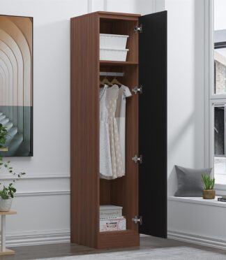 Reflect 1 Door High Gloss Wardrobe - Black Gloss & Walnut, Durable Melamine Finish - Modern Bedroom Storage - Single Door Wardrobe