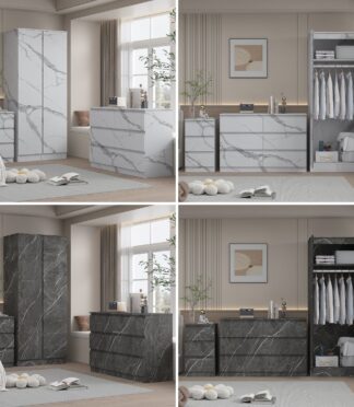 ZITA 3pc Set - 2 Door Wardrobe + Wide Chest + Bedside in White OR Grey Marble