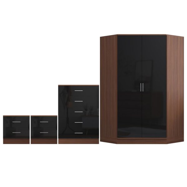 Reflect 2 Door Corner Wardrobe, 5 Drawer Chest, 2x 2 Drawer Bedsides - Black Gloss & Walnut - Bedroom Furniture Set - Image 3