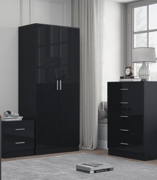 Reflect 2 Door Plain Wardrobe, 5 Drawer Chest, 2 Drawer Bedside - Black Gloss & Black Oak - Modern Bedroom Furniture Set
