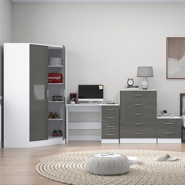 Reflect 2 Door Corner Wardrobe, 5 Drawer Chest, 2 Drawer Bedside & Desk - Grey Gloss & Matt White - Bedroom Furniture Set - Image 4